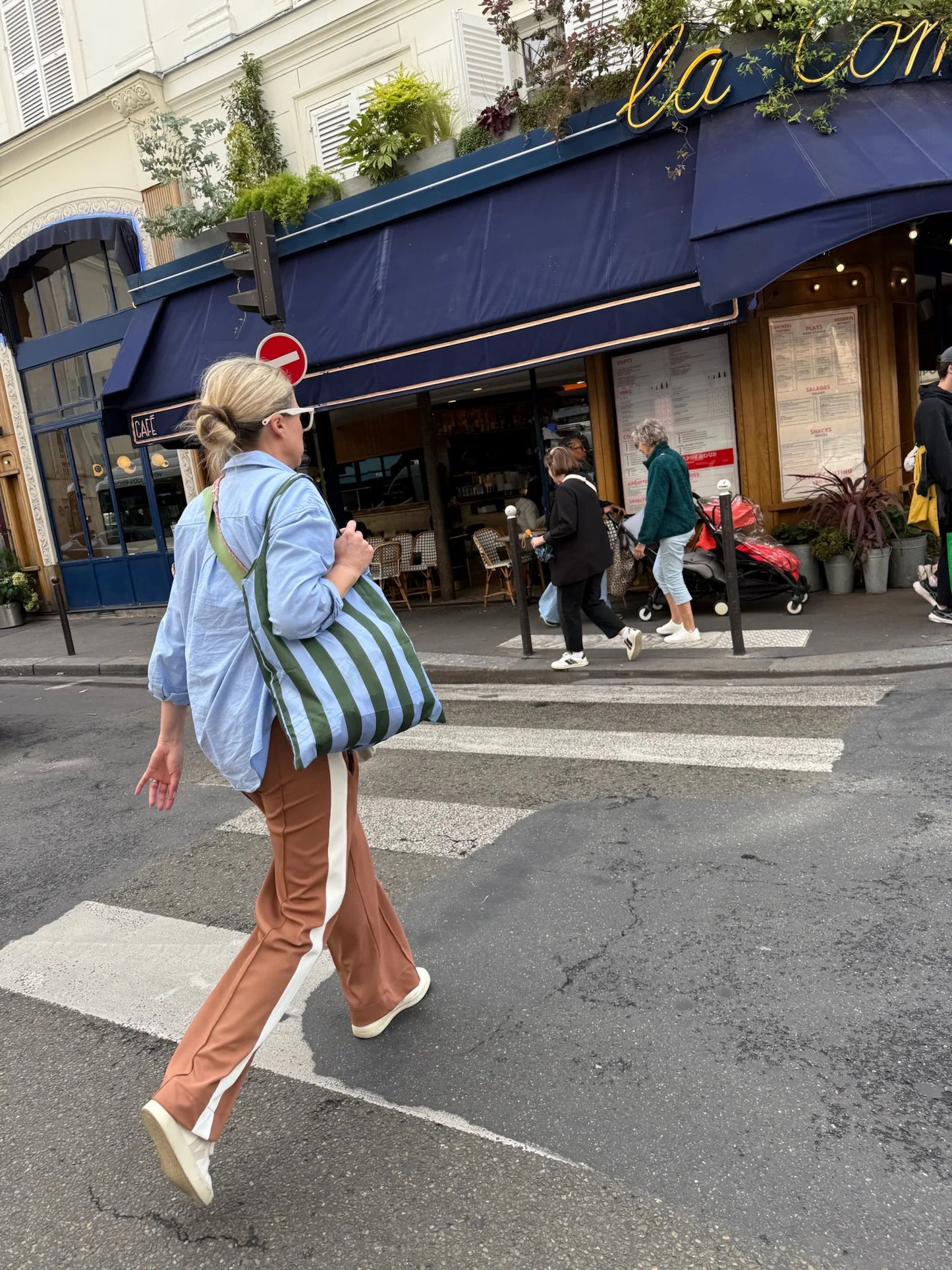 Green Blue Stripe Fold Up Pocket Shopper