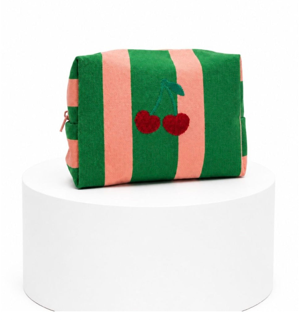 Embroidered Cherry Pouch - Green