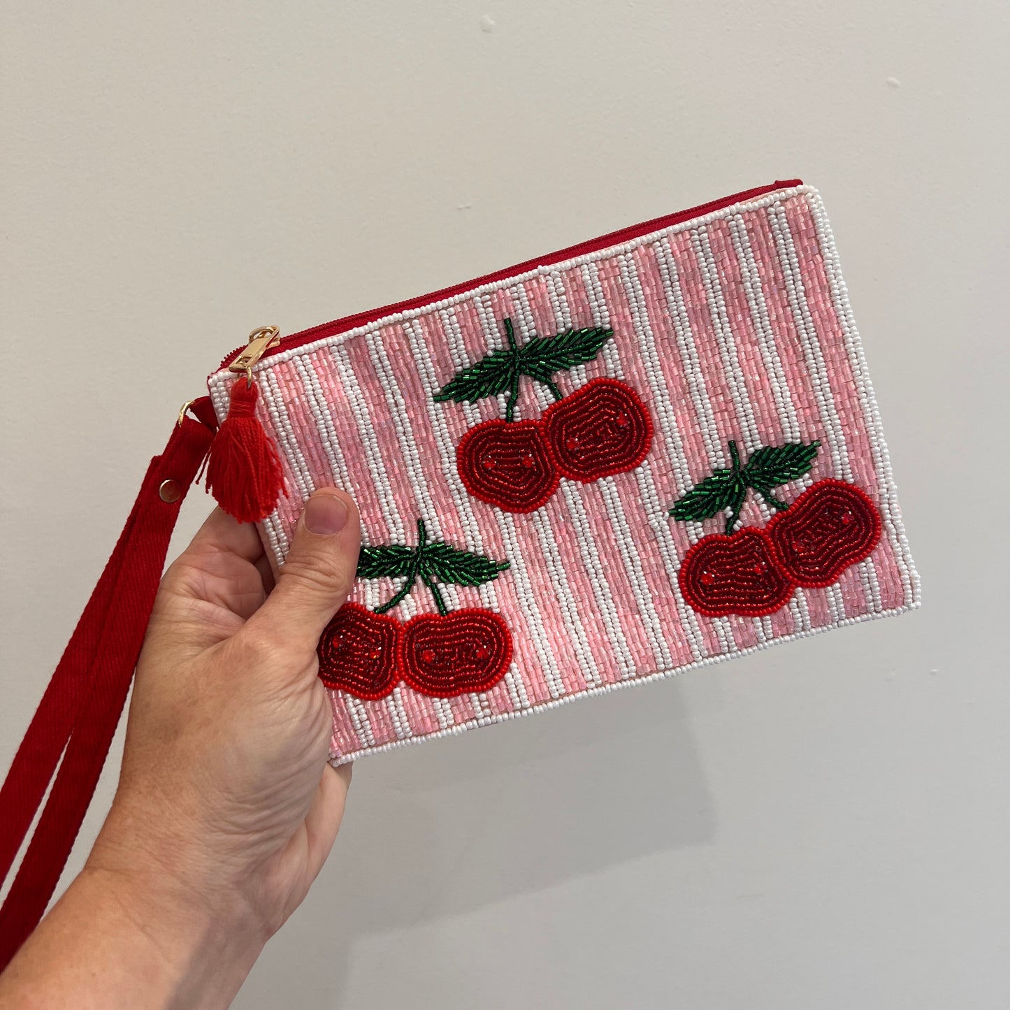 Pink Cherry Beaded Pouch