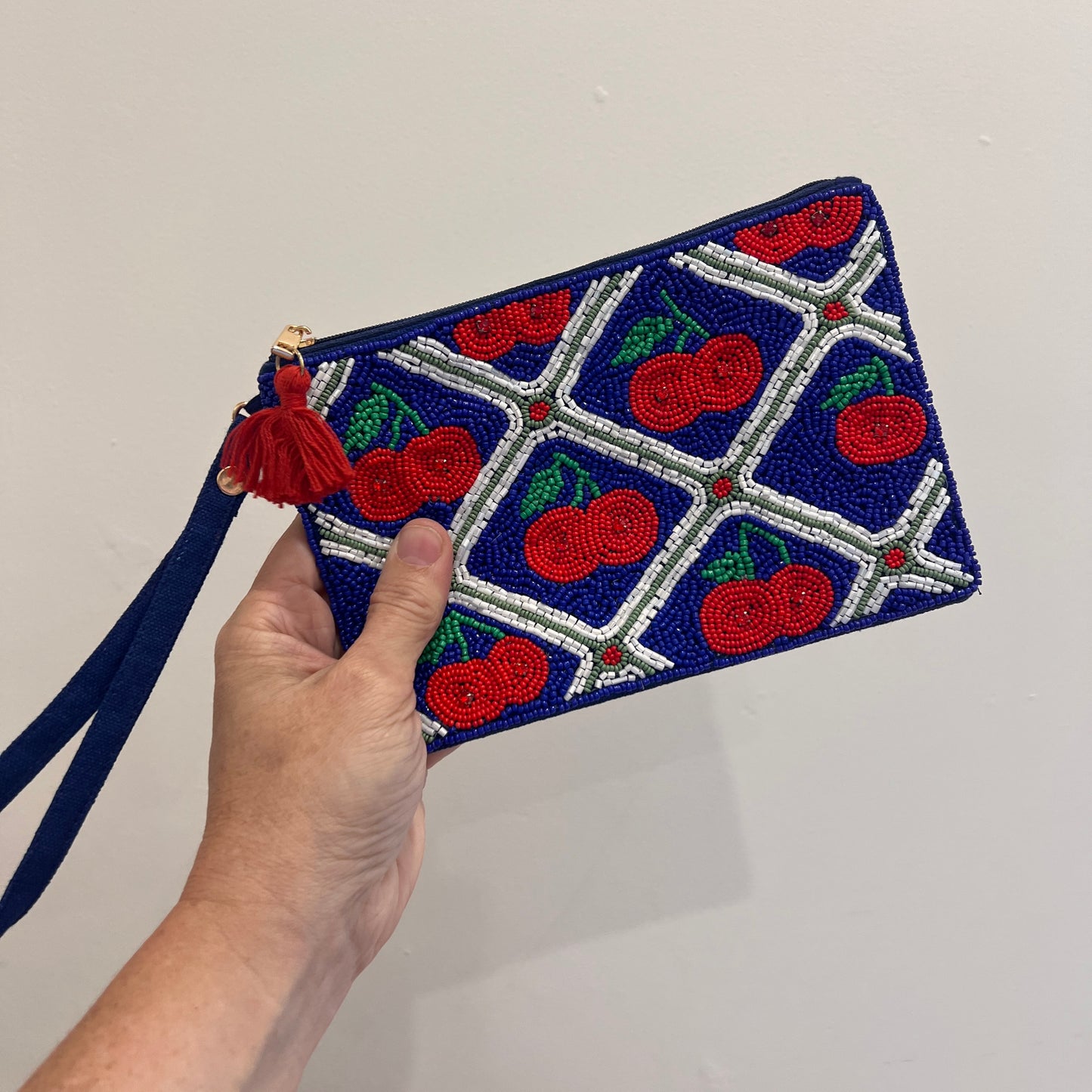 Navy Cherry Beaded Pouch