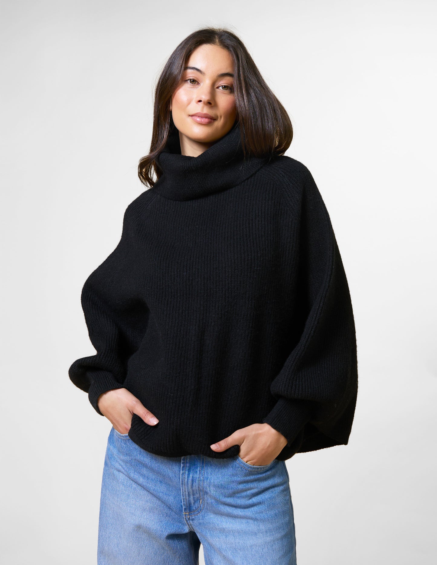 Polo Neck Poncho - Black (one size)