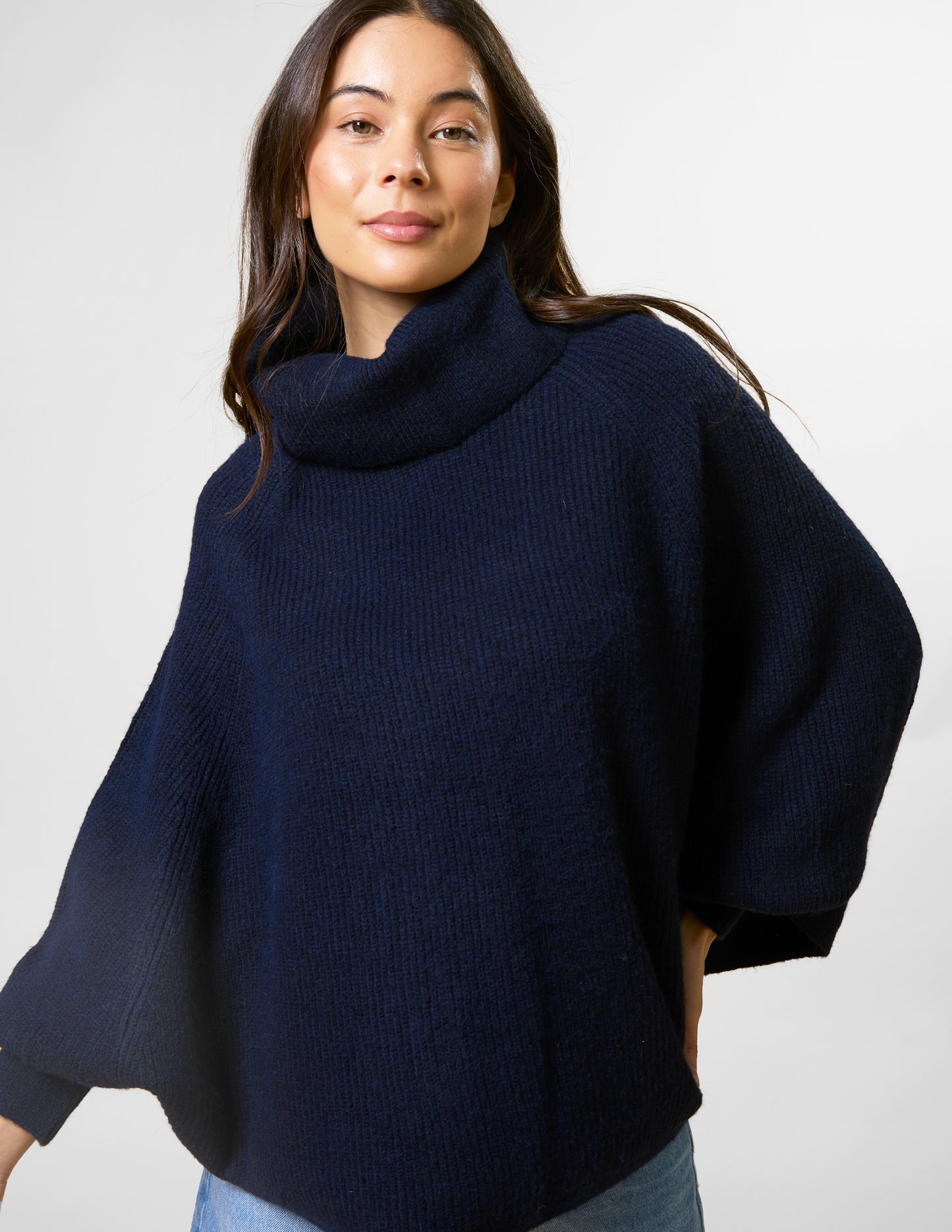 Polo Neck Poncho - Navy (one size)