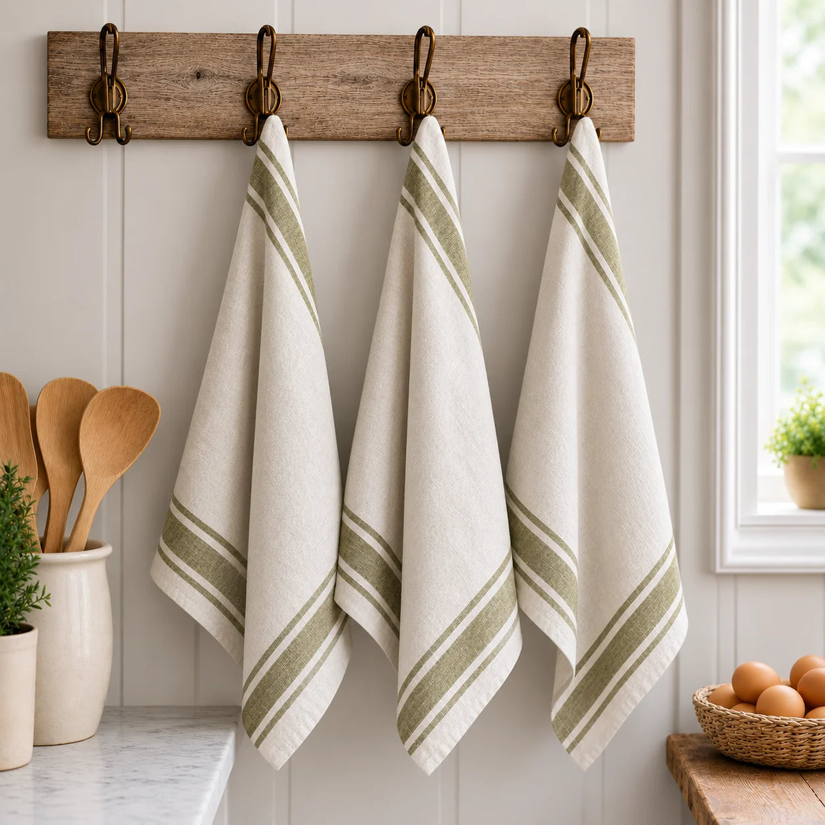 Pure French Linen Tea Towel - Vintage Stripe Olive