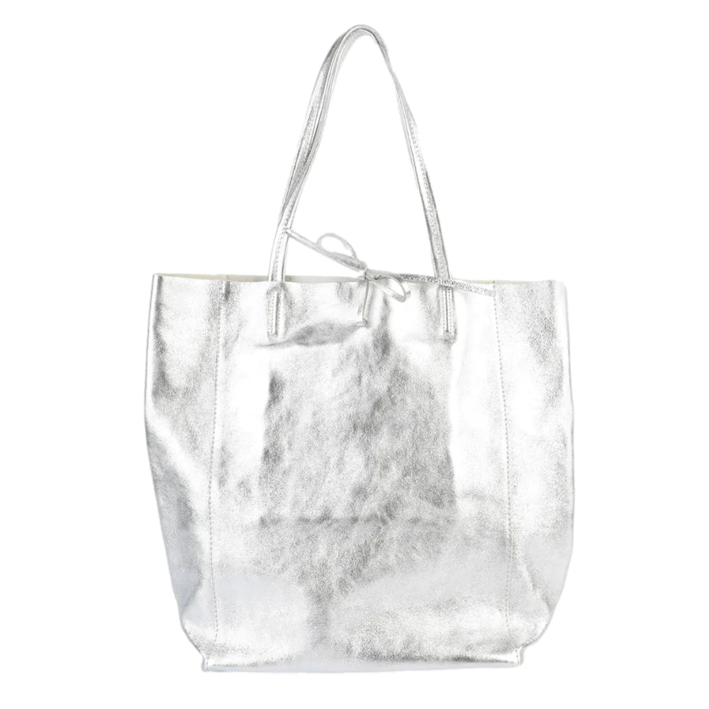 Metallic silver tote bag discount