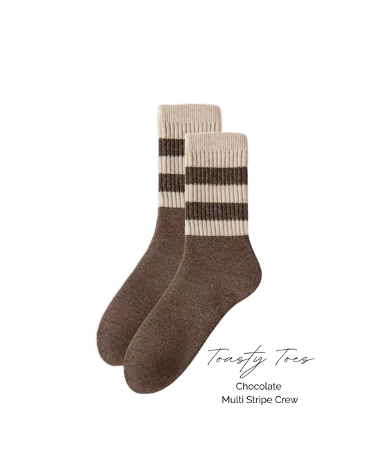 Toasty Toes Woollen multi-striped ribbed crew socks - Chocolate