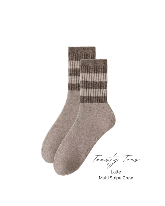 Toasty Toes Woollen multi-striped ribbed crew socks - Latte