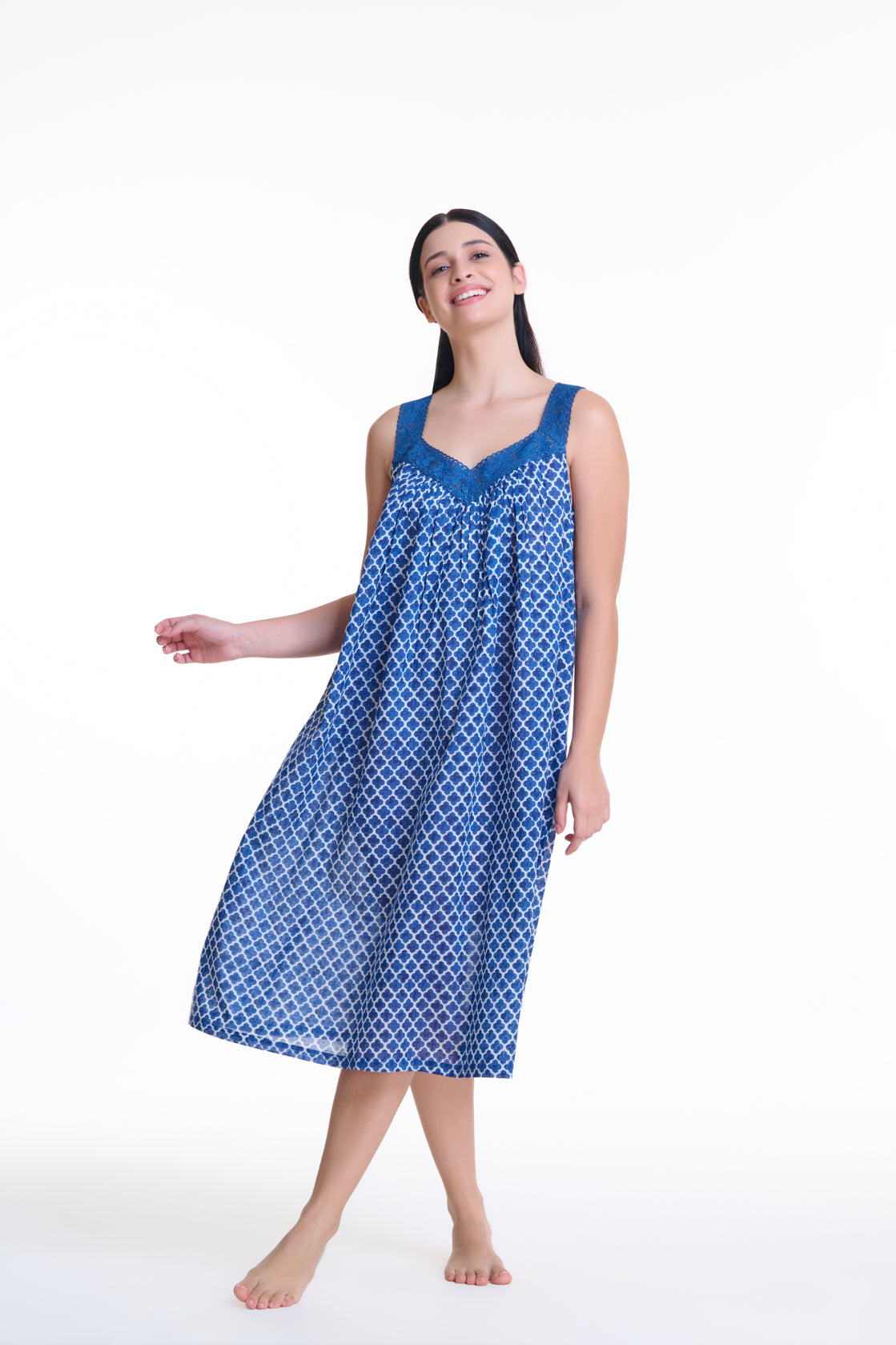 Arabella Blue Geometric Lace V-Neck Nightie