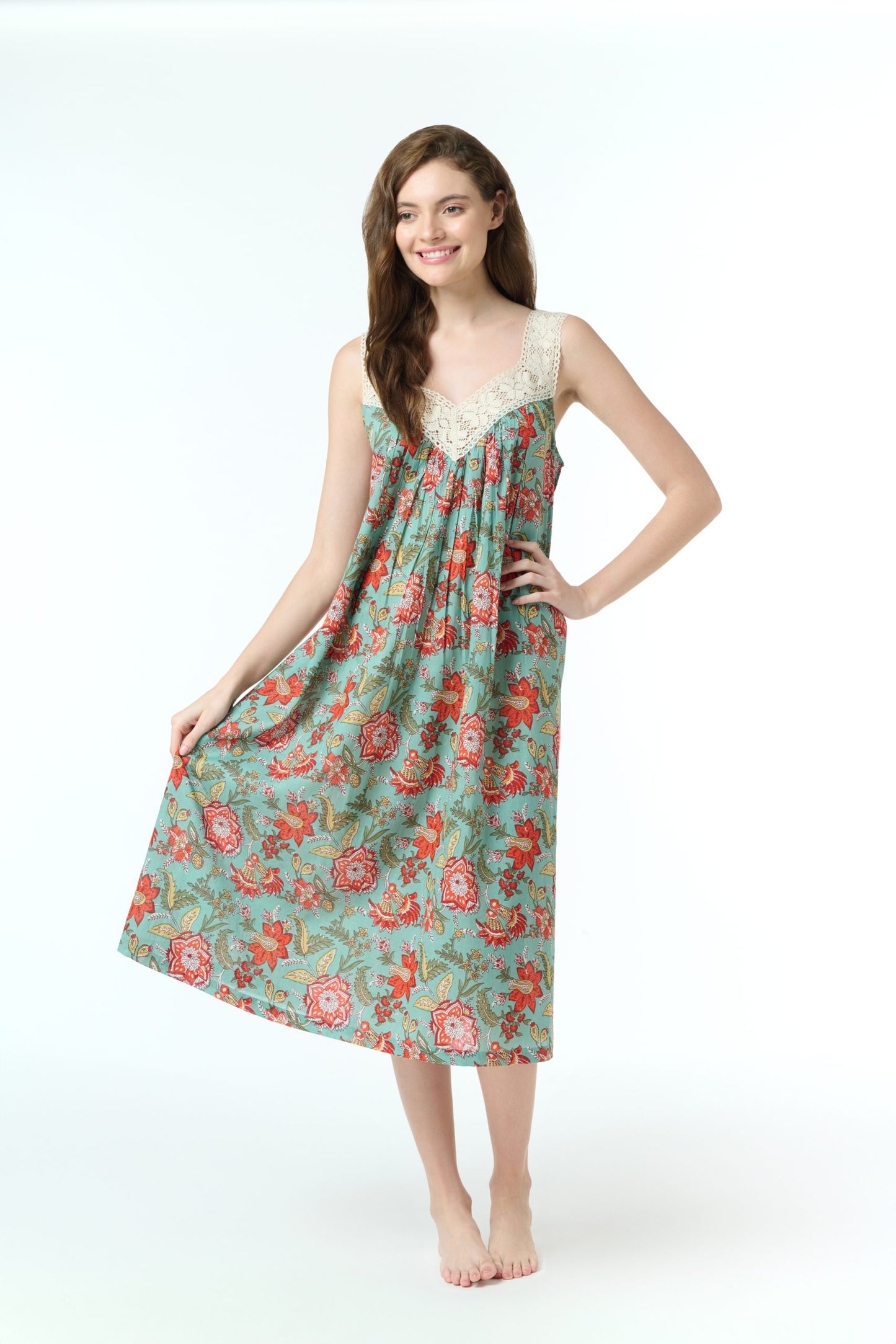 Arabella Teal with Red Florals Lace V-Neck Nightie