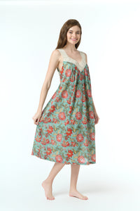 Arabella Teal with Red Florals Lace V-Neck Nightie