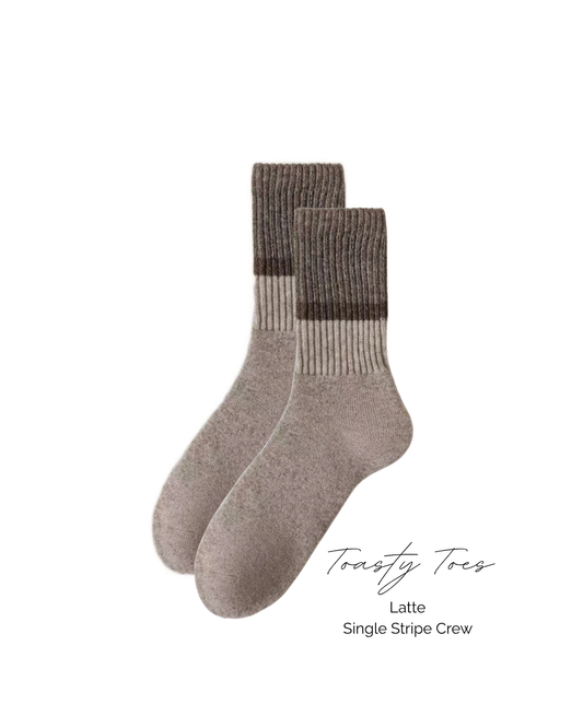 Toasty Toes Woollen single stripe ribbed crew socks - Latte