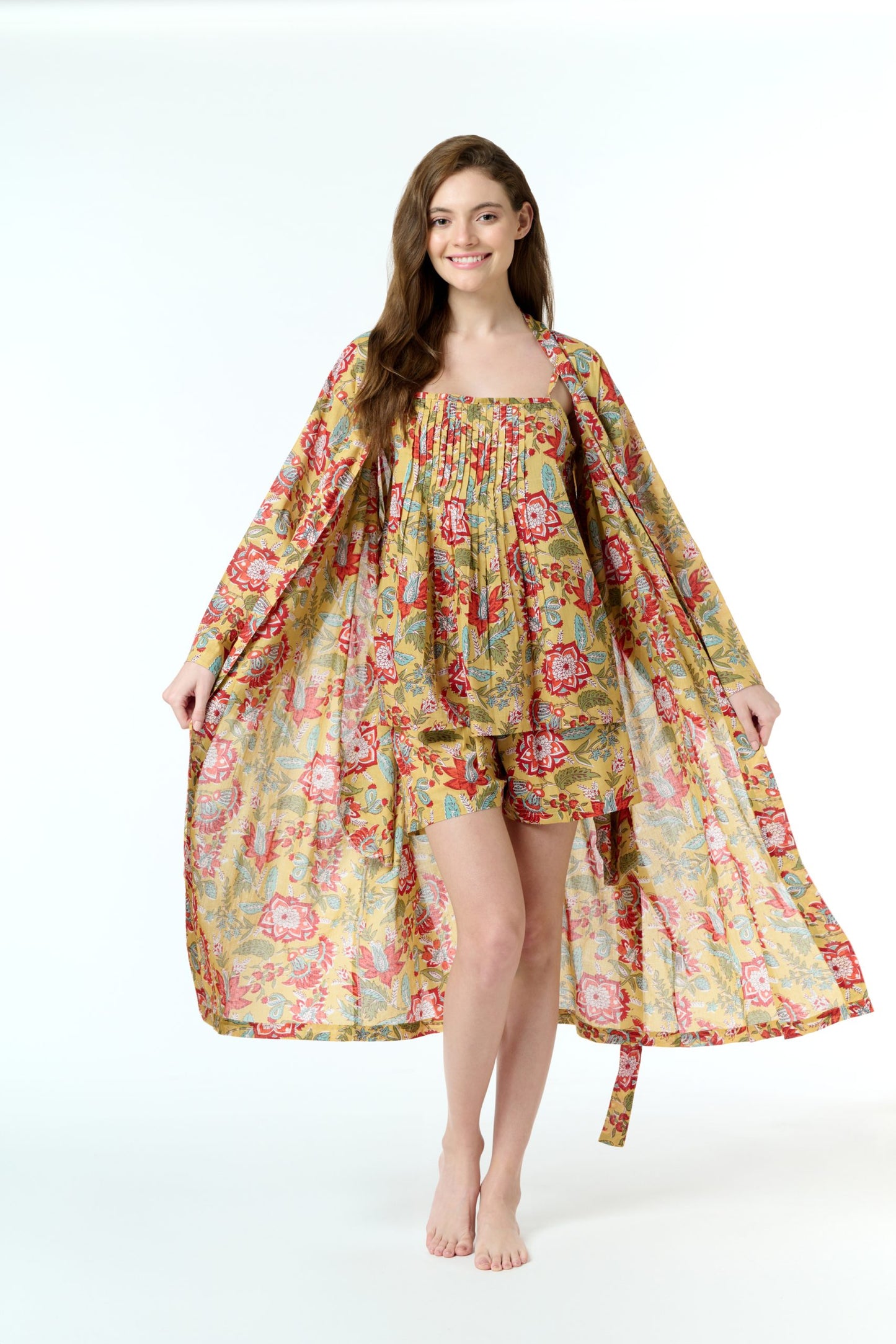 Arabella Dressing Gown Mustard with Red Flowers