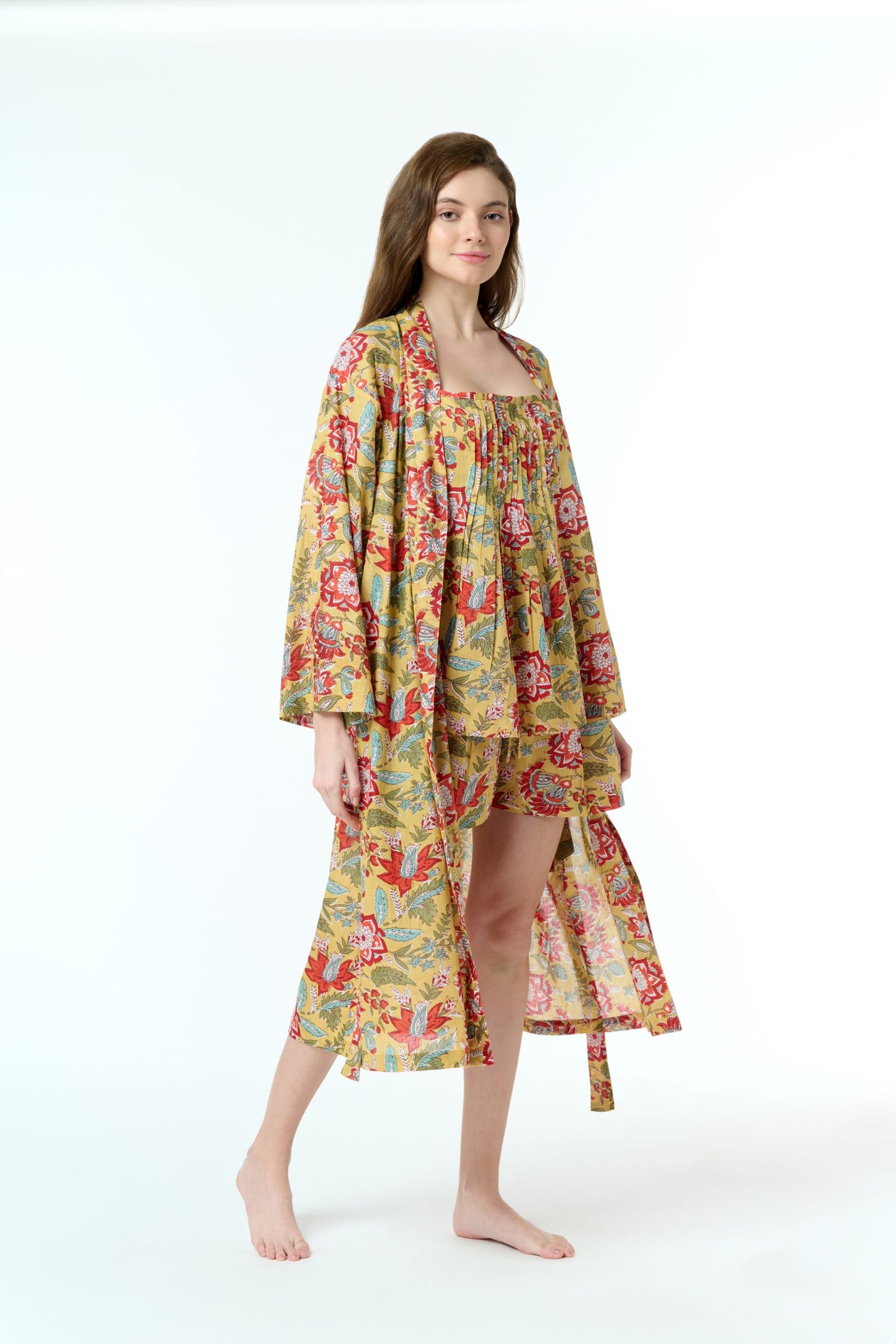 Arabella Dressing Gown Mustard with Red Flowers