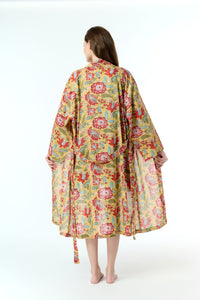 Arabella Dressing Gown Mustard with Red Flowers