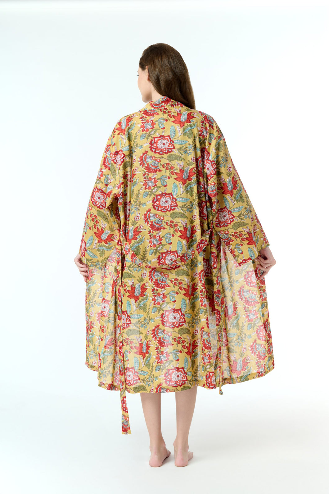 Arabella Dressing Gown Mustard with Red Flowers