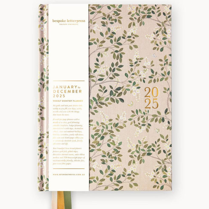 2025 Desktop Linen Bound Planner - WhiteBlossoms