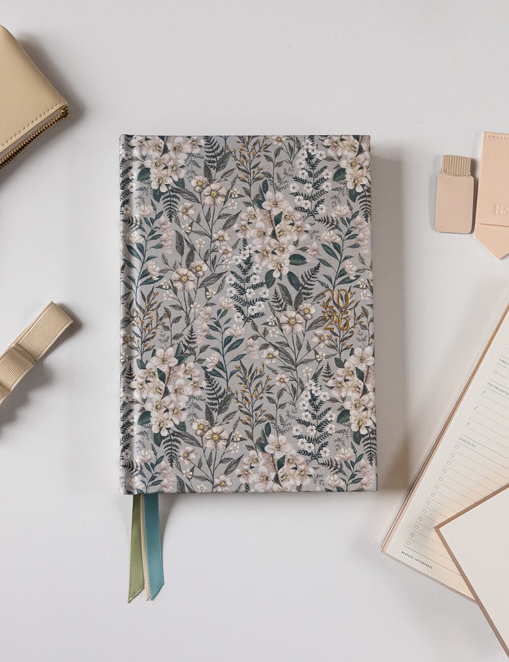 2026 Desktop Linen Bound Planner - Ivory Garden