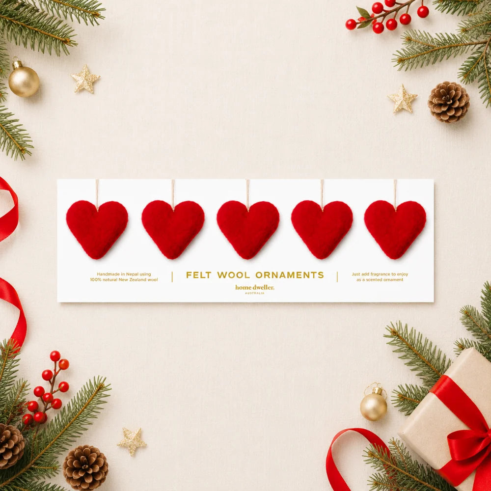 Felt Wool Heart Ornament Set - Red