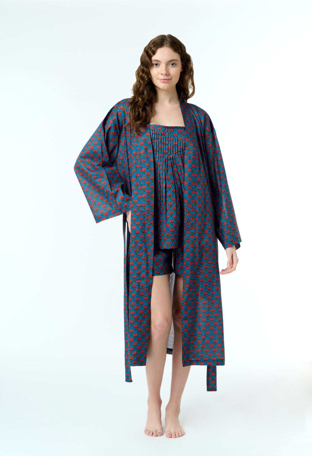 Arabella Dressing Gown Blue with red floral