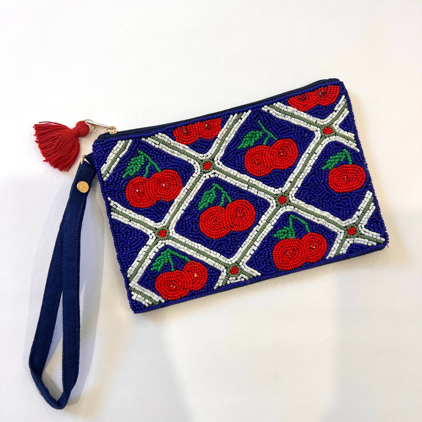 Navy Cherry Beaded Pouch