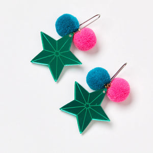 Green Star Pom Pom Earrings