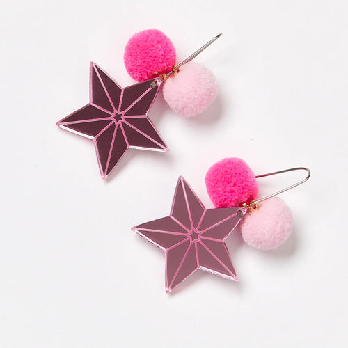 Pink Star Pom Pom Earrings