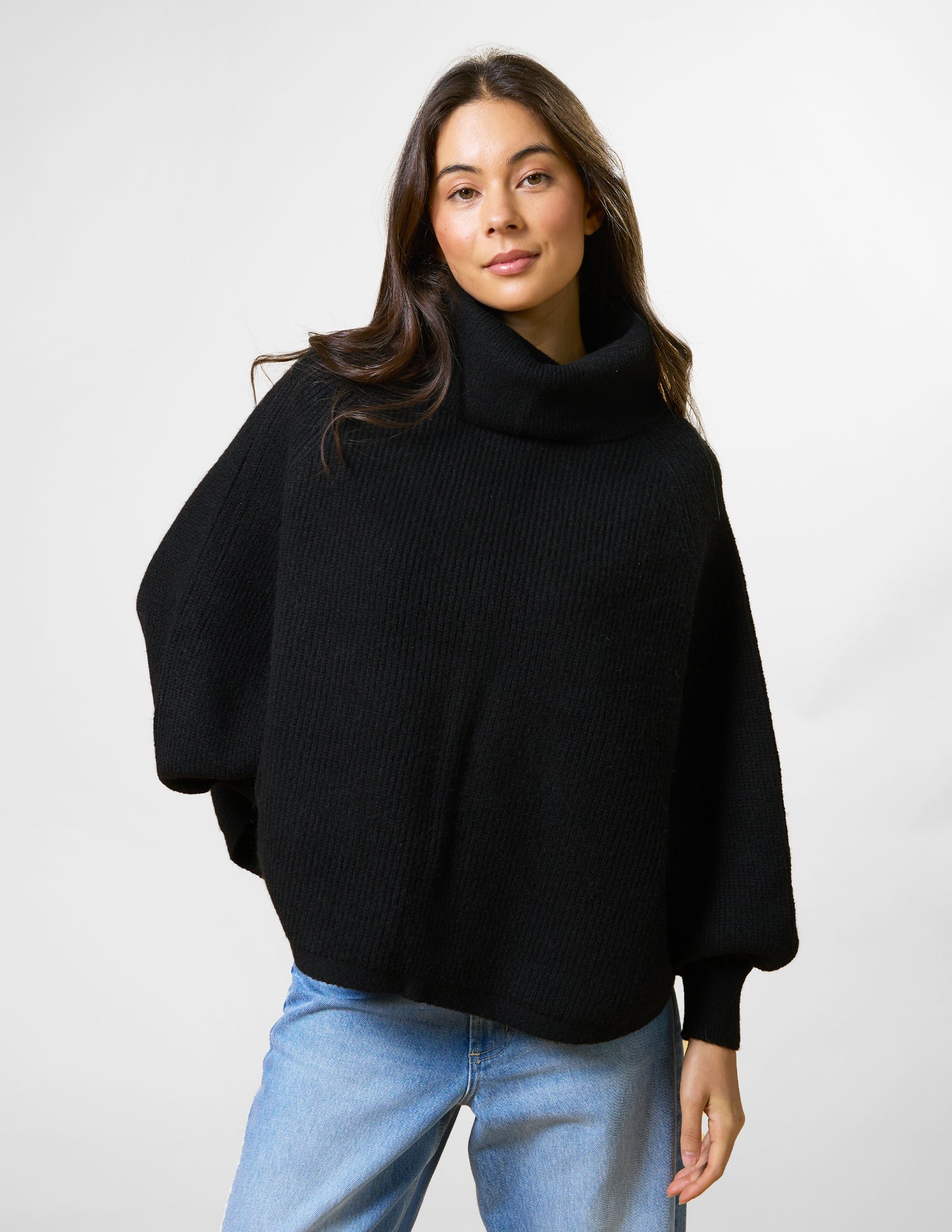 Polo Neck Poncho - Black (one size)