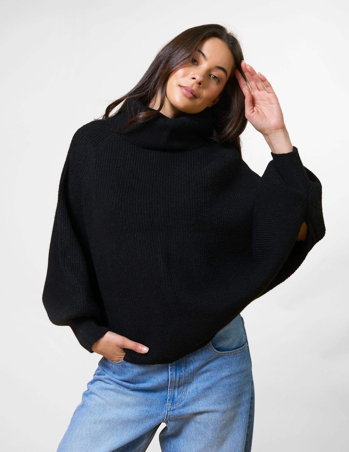 Polo Neck Poncho - Black (one size)