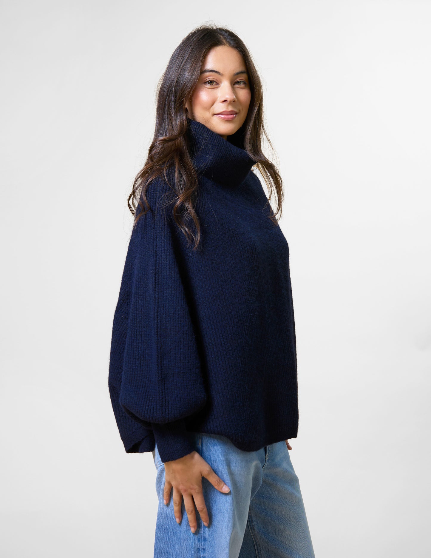 Polo Neck Poncho - Navy (one size)
