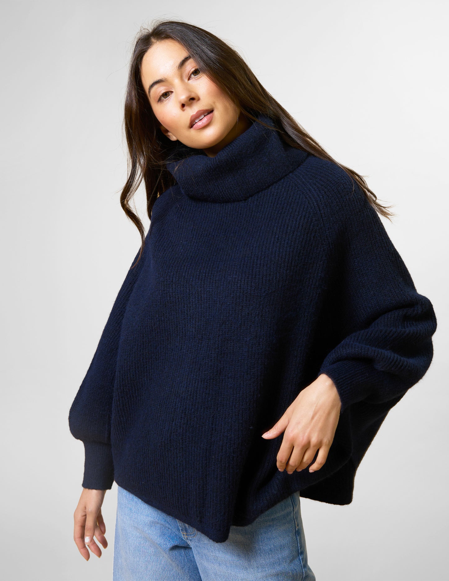 Polo Neck Poncho - Navy (one size)
