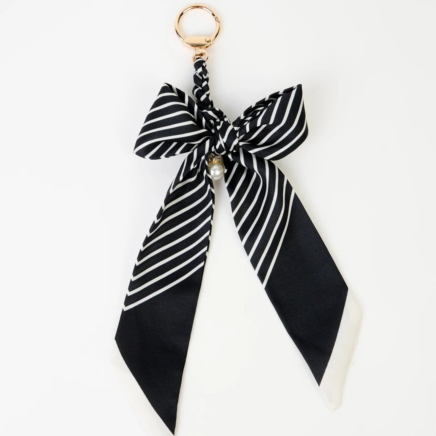 Keychain Black & White Stripe Bow with Pearl