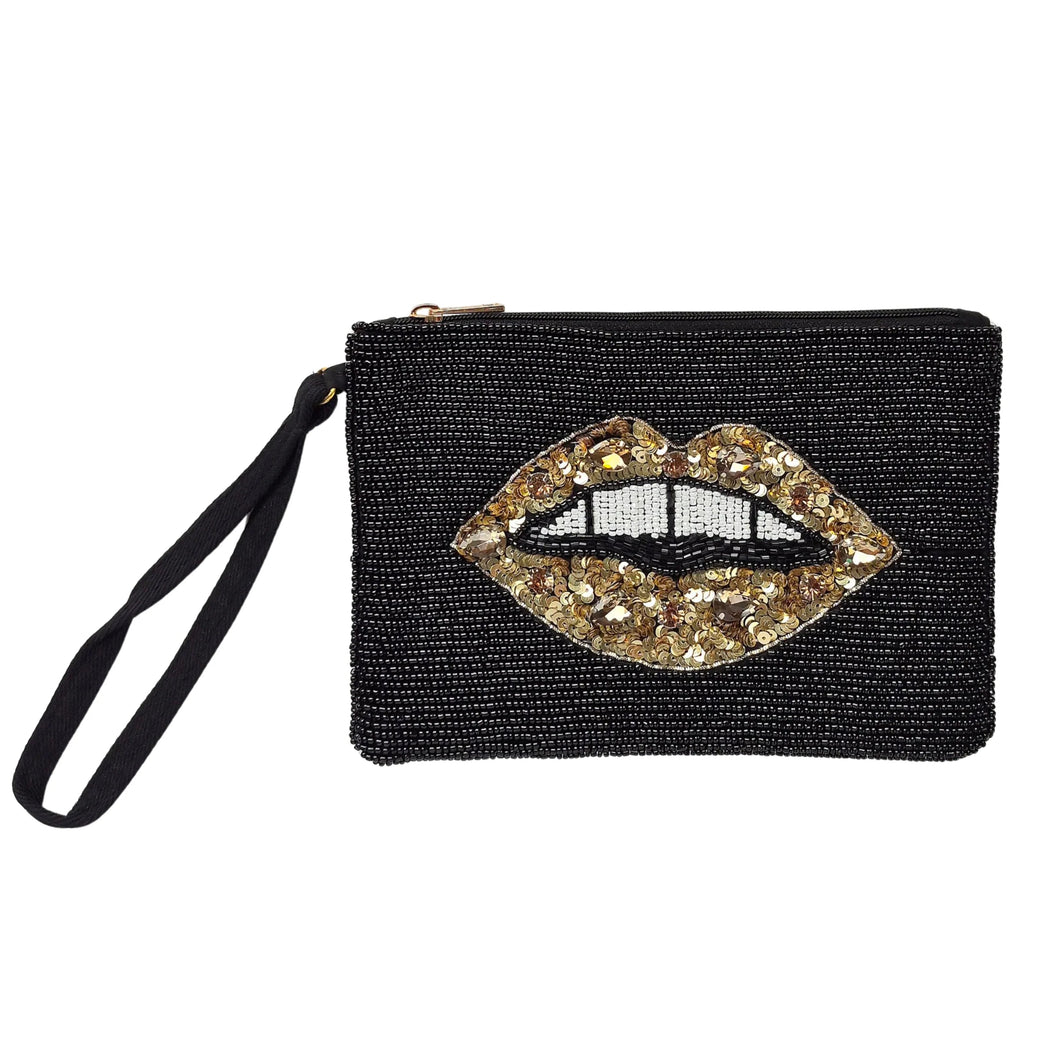 Large Gold Lips Beaded Clutch