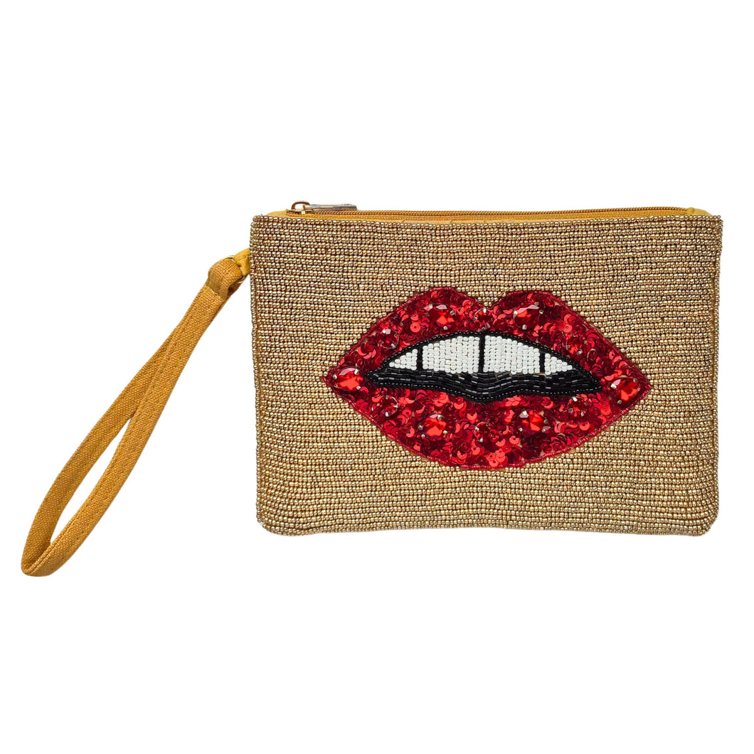 Large Red Lips Beaded Clutch