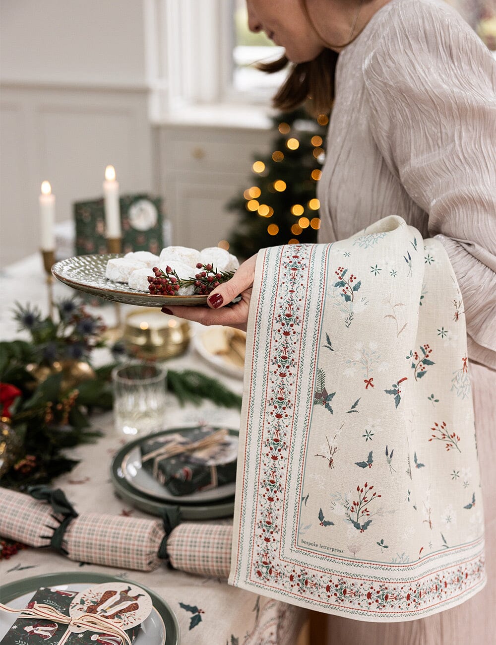 Heirloom Christmas Holly Linen Tea Towel