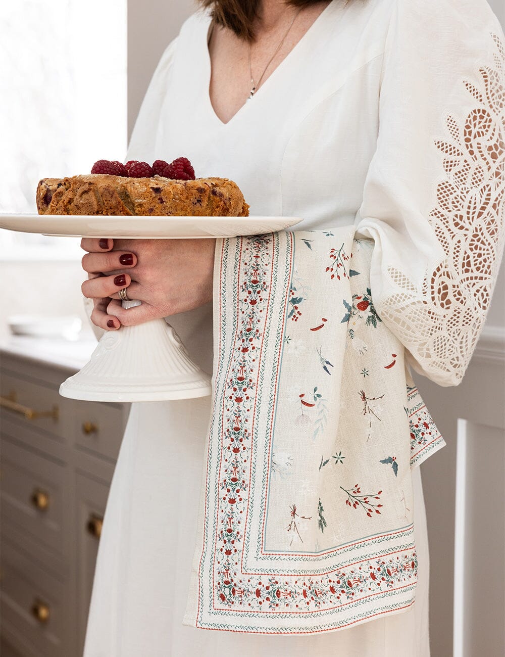 Heirloom Christmas Holly Linen Tea Towel