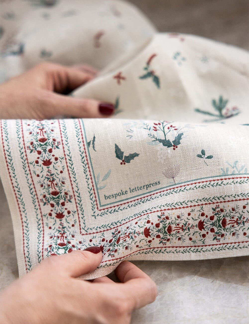 Heirloom Christmas Holly Linen Tea Towel