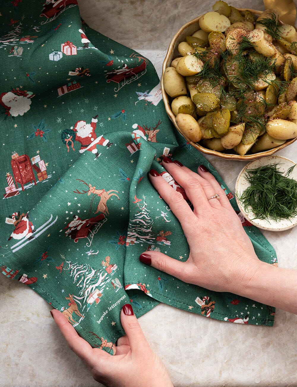 Christmas Santas Linen Tea Towel