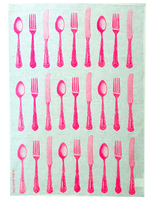 Neon Pink Cutlery Linen Tea Towel