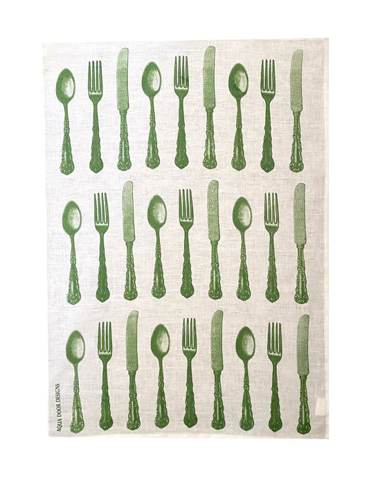 Olive Green Cutlery Linen Tea Towel