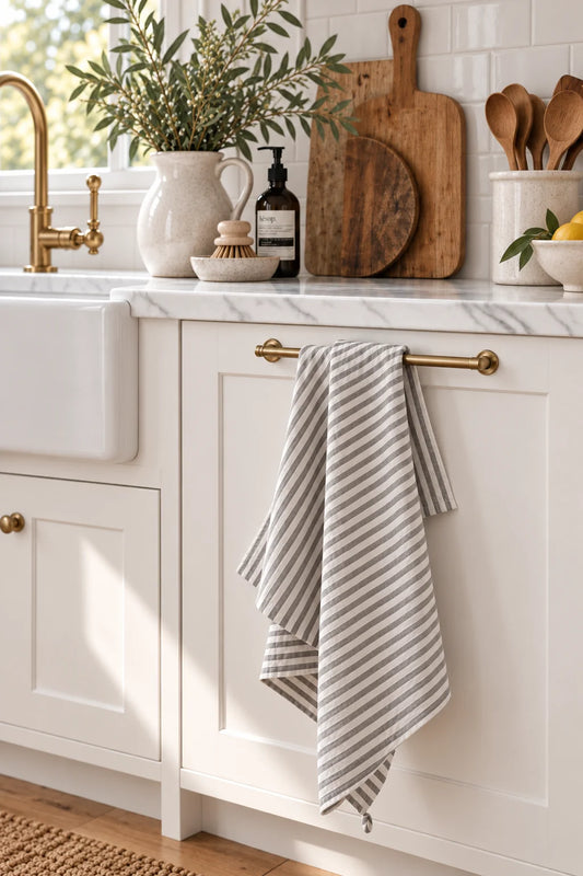 Pure French Linen Tea Towel  - Grey Stripe
