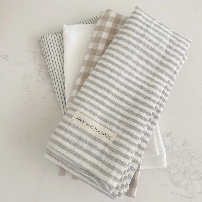 Pure French Linen Tea Towel (Grey Stripe)