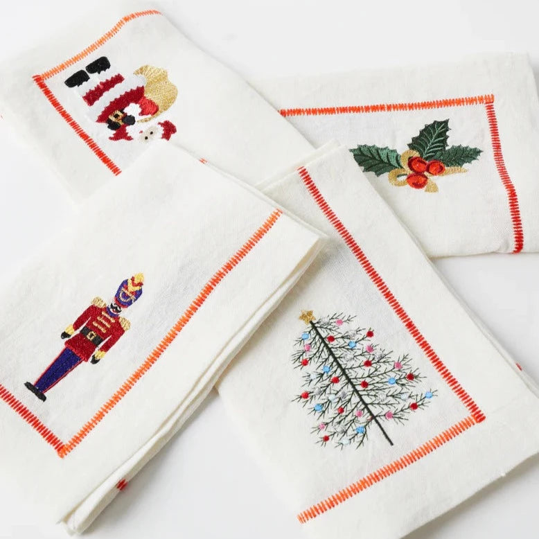 Noel Embroidered Linen 4P Napkin Set