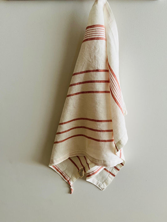 Pure French Linen Tea Towel  - Rust Stripe