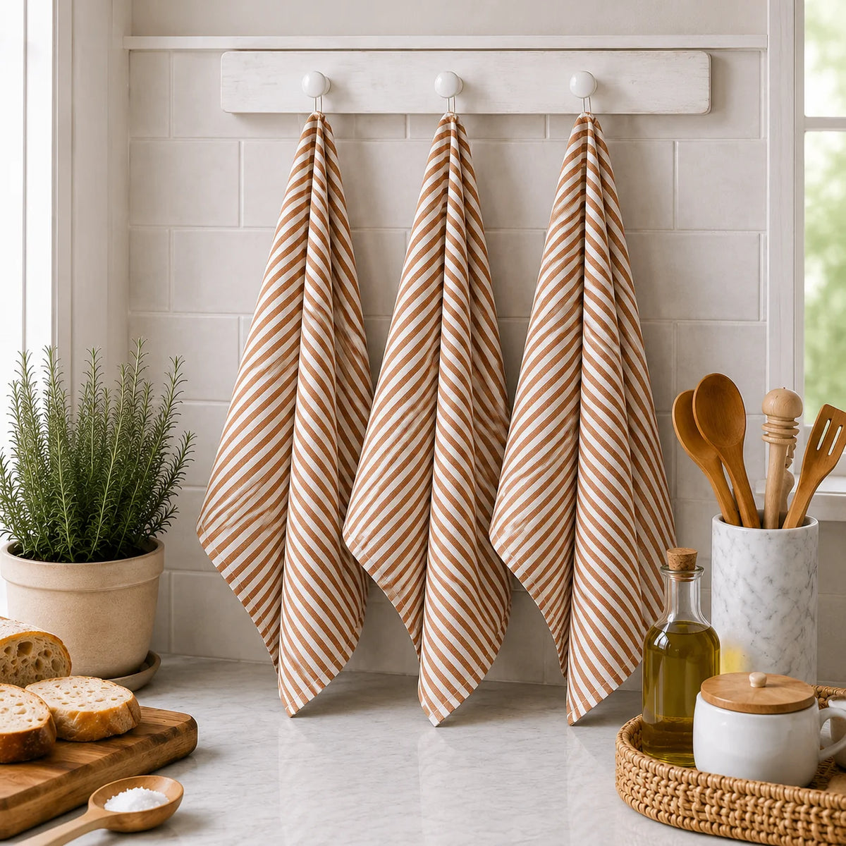 Pure French Linen Tea Towel  - Tobacco Pinstripe