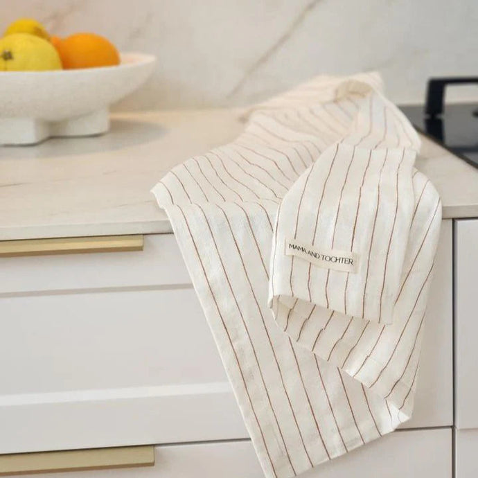 Pure French Linen Tea Towel (Toffee Pinstripes)