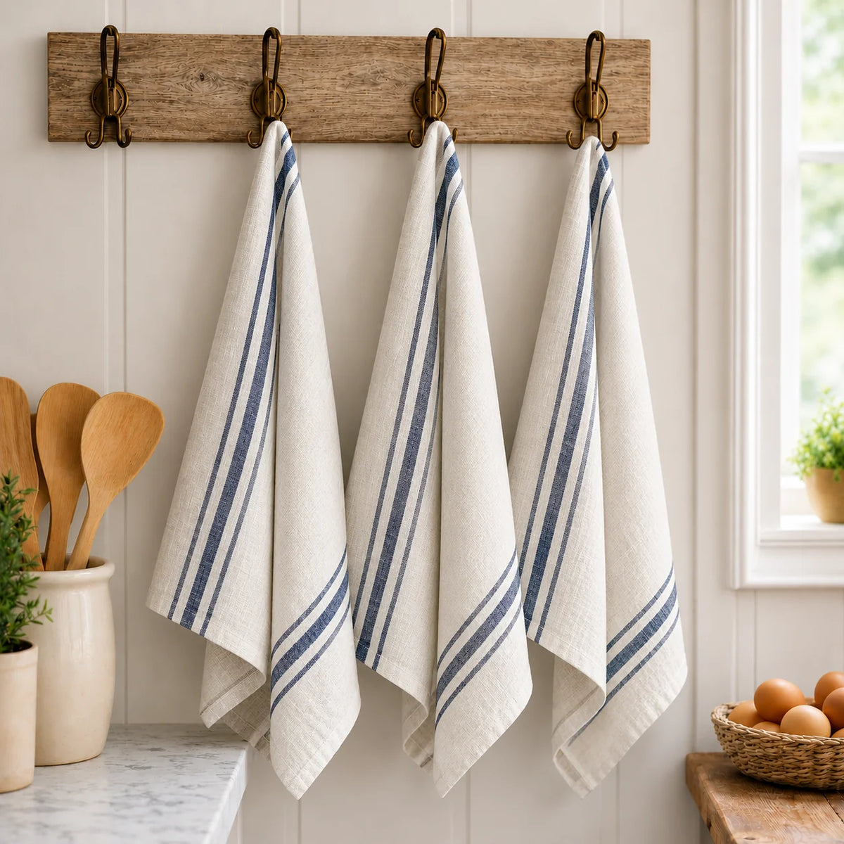 Pure French Linen Tea Towel  - Vintage Stripe Navy