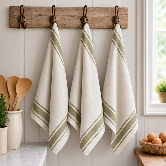 Pure French Linen Tea Towel  - Vintage Stripe Olive